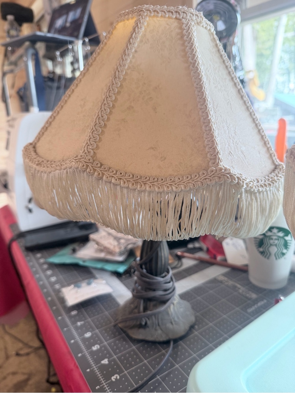 Vtg Victorian Style Metal Floral Pattern Table Lamp Satin Fringe Shade-set of 2